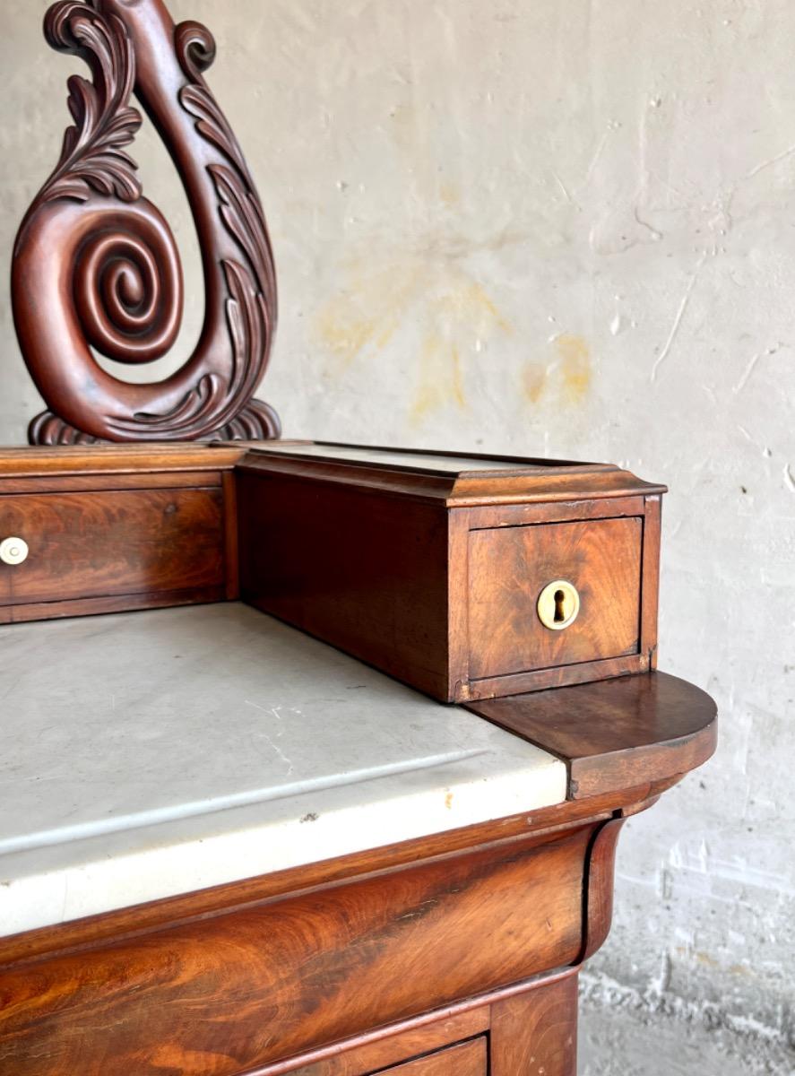 Antique Eastlake Victorian Carved Walnut Marble Top Dresser Chest Washstand With Mirror Vanity Buffet Entryway Foyer 