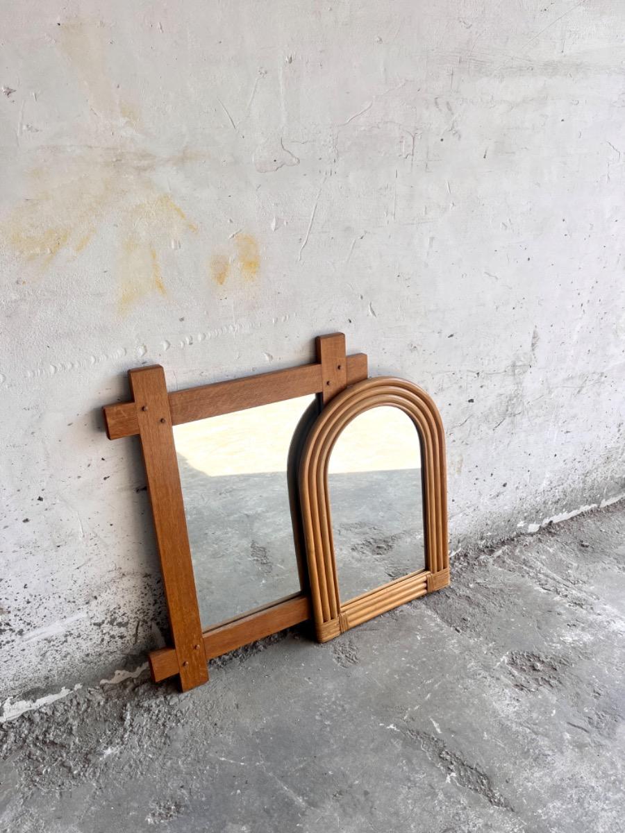  Wooden+Arch-Shaped Mirror with Tree Bamboo Wicker Frame, 1970s