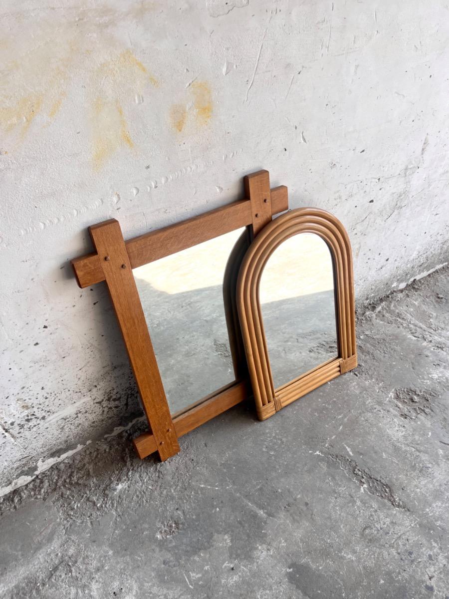  Wooden+Arch-Shaped Mirror with Tree Bamboo Wicker Frame, 1970s